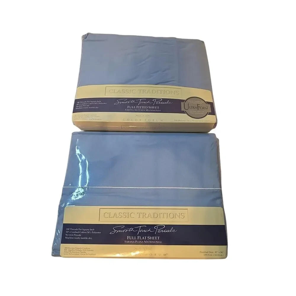 Vintage Color Forum Smooth Touch Percale Full Fitted And Flat Sheets Blue USA